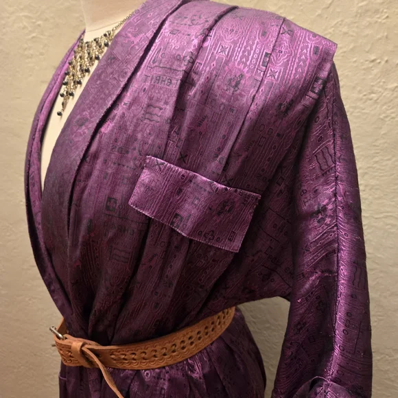 Vintage Dan Vali Silk Dress Purple Metallic Midi Belted Statement Canada - Picture 6 of 11